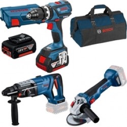 Bosch  GBH 18V-28 DC + GSB 18V-EC + GWS 18V-10 - Rotopercutor SDS-Plus, 3.4 J + Masina de gaurit si insurubat cu percutie cu 2 acumulatori, Li-Ion, 18 V, 5 Ah, 60 Nm, valiza speciala + Polizor unghiular, 125 mm + Geanta textila