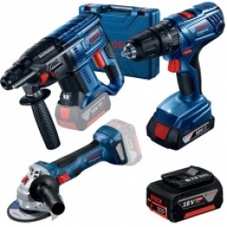 Bosch  GSB 180-LI + GWS 180-LI + GBH 180-LI - Masina de gaurit si insurubat cu percutie cu 1 acumulator, Li-Ion, 18 V, 2 Ah, 54 Nm, valiza plastic + Polizor unghiular, 125 mm + Rotopercutor SDS-Plus, 2 J + Acumulator, Li-Ion, 18 V, 5 Ah