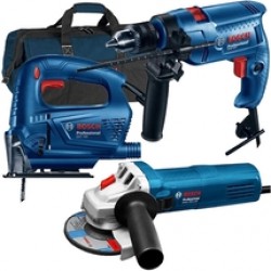 Bosch  GSB 550 + GWS 750-125 + GST 700 - Masina de gaurit cu percutie, 550 W, 13 mm + Polizor unghiular, 750 W, 125 mm + Fierastrau pendular, 500 W + Geanta textila