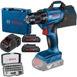 Bosch  GSR 185-LI - Masina de gaurit si insurubat, 50 Nm, valiza plastic + Set 2 acumulatori si incarcator, Li-Ion, 18 V, 4 Ah + Set capete de insurubare, 32 bucati + Geanta textila