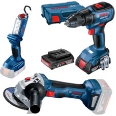 Bosch  GSR 18V-50 + GWS 180-LI + GLI 18V-300 - Masina de gaurit si insurubat cu 2 acumulatori, Li-Ion, 18 V, 2 Ah, 50 Nm, valiza plastic + Polizor unghiular, 115 mm + Lampa/Lanterna