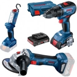Bosch  GSR 18V-50 + GWS 180-LI + GLI 18V-300 - Masina de gaurit si insurubat cu 2 acumulatori, Li-Ion, 18 V, 2 Ah, 50 Nm, valiza plastic + Polizor unghiular, 115 mm + Lampa/Lanterna