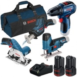 Bosch  GST 12V-70 + GKS 12V-26 + GSR 12V-30 + GSA 12V-14 - Fierastrau pendular + Fierastrau circular, 85x15 mm + Masina de gaurit si insurubat, 30 Nm + Fierastrau sabie + Set 2 acumulatori si incarcator, Li-Ion, 12 V, 2 Ah + Geanta