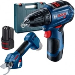 Bosch  Pro Pruner + GSR 12V-30 - Foarfeca de gradina, 25 mm + Masina de gaurit si insurubat cu 2 acumulatori, Li-Ion, 12 V, 2 Ah, 30 Nm, valiza plastic