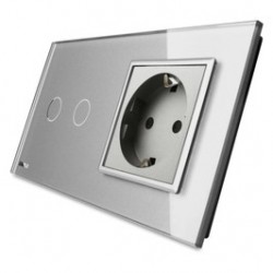 Intrerupator dublu cu touch + priza simpla Livolo VL-C702-12/C7-C1EU-15, rama din sticla, incastrat, gri