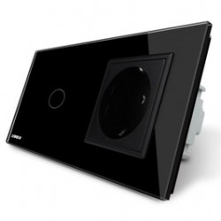 Intrerupator simplu cu touch + priza simpla Livolo VL-C701-12/C7-C1EU-12, rama din sticla, incastrat, neagra