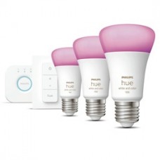 
                                        Kit Philips Hue: 3 becuri inteligente LED color RGB E27 clasic A19 9W + 1 consola + 1 intrerupator cu variator, Wi-Fi                                    