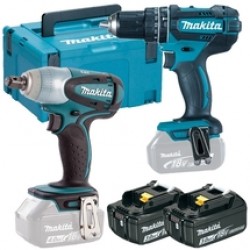Makita  DHP482Z + DTW251Z + 2x BL1830B + DC18RC - Masina de gaurit si insurubat cu percutie, 62 Nm + Masina de insurubat cu impact, 230 Nm, M10-M16 + 2x Acumulatori, Li-Ion, 18 V, 3 Ah + Incarcator + Valiza speciala