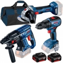 Pachet  3x Bosch GBH 180-LI + GSR 18V-50 + GWS 180-LI - Rotopercutor SDS-Plus, 2 J + Masina de gaurit si insurubat, 50 Nm + Polizor unghiular, 125 mm + Set 2 acumulatori si incarcator, Li-Ion, 18 V, 5 Ah + Geanta textila