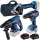 Pachet  3x Bosch GBH 180-LI + GSR 18V-50 + GWS 180-LI - Rotopercutor SDS-Plus, 2 J + Masina de gaurit si insurubat, 50 Nm + Polizor unghiular, 125 mm + Set 2 acumulatori si incarcator, Li-Ion, 18 V, 5 Ah + Geanta textila