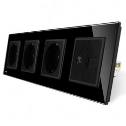 Priza cvadrupla - 3 x priza simpla + 1 x priza TV / internet Livolo VL-C7-C4EU/VC-12, incastrata, contact de protectie, rama din sticla inclusa, neagra