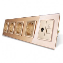 Priza cvintupla -  4 x priza simpla + 1 x priza TV / internet Livolo VL-C7C5EU/VC-13, incastrata, contact de protectie, rama din sticla inclusa, aurie