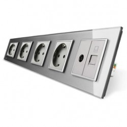 Priza cvintupla -  4 x priza simpla + 1 x priza TV / internet Livolo VL-C7C5EU/VC-15, incastrata, contact de protectie, rama din sticla inclusa, gri