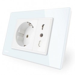 Priza dubla Livolo VL-C3C2CIT-81, incastrata, modulara - 3, contact de protectie, rama din sticla inclusa, alba