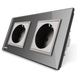 Priza dubla Livolo VL-C7C2EU-15, incastrata, contact de protectie, rama din sticla inclusa, gri