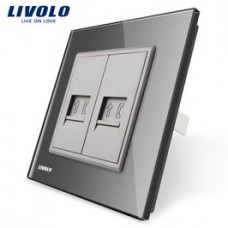 Priza dubla telefon Livolo VL-C792T-15, incastrata, rama din sticla inclusa, gri