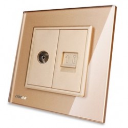 Priza dubla TV + telefon Livolo VL-C791VT-13, rama din sticla, aurie