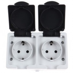 Priza schuko dubla Hoff Cubik, aparenta, cu capac, contact de protectie, 16A, IP54, gri + negru