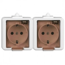 Priza schuko dubla Smart NT-7S, aparenta, rama inclusa, cu capac, contact de protectie, alba