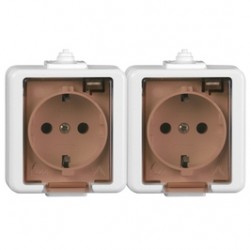 Priza schuko dubla Smart NT-7S, aparenta, rama inclusa, cu capac, contact de protectie, alba