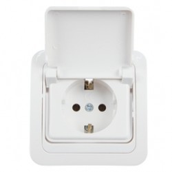 Priza schuko simpla Comtec Eco 0012-05255, incastrata, rama inclusa, cu capac, contact de protectie, alba