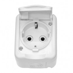 Priza schuko simpla Metalka Majur Mini OG 18.01.050, aparenta, rama inclusa, contact de protectie, IP44, alba