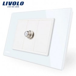 Priza simpla TV Livolo VL-C391ST-81, incastrata, modulara - 1, contact de protectie, rama din sticla inclusa, alba