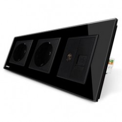 Priza tripla - 2 x priza simpla + 1 x priza TV / internet Livolo VL-C7C3EU/VC-12, incastrata, contact de protectie, rama din sticla inclusa, neagra