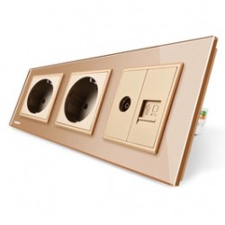 Priza tripla - 2 x priza simpla + 1 x priza TV / internet Livolo VL-C7C3EU/VC-13, incastrata, contact de protectie, rama din sticla inclusa, aurie