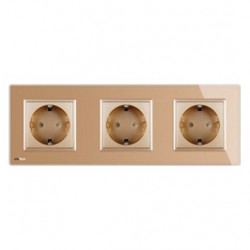 Priza tripla Livolo VL-C7C3EU-13, incastrata, contact de protectie, rama din sticla inclusa, aurie
