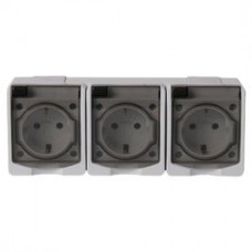 Priza tripla Lohuis AG, aparenta, cu capac, contact de protectie, 16A, IP44, alb + gri