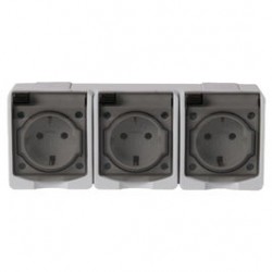 Priza tripla Lohuis AG, aparenta, cu capac, contact de protectie, 16A, IP44, alb + gri
