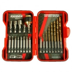 Raider  157797 - Set accesorii insurubare si burghie metal, 20 bucati