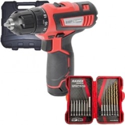 Raider  RD-CDL27 + 157795 - Masina de gaurit si insurubat cu 1 acumulator, Li-Ion, 12 V, 1.5 Ah, 28 Nm, valiza plastic, accesorii + Set accesorii insurubare si burghie metal, 15 bucati